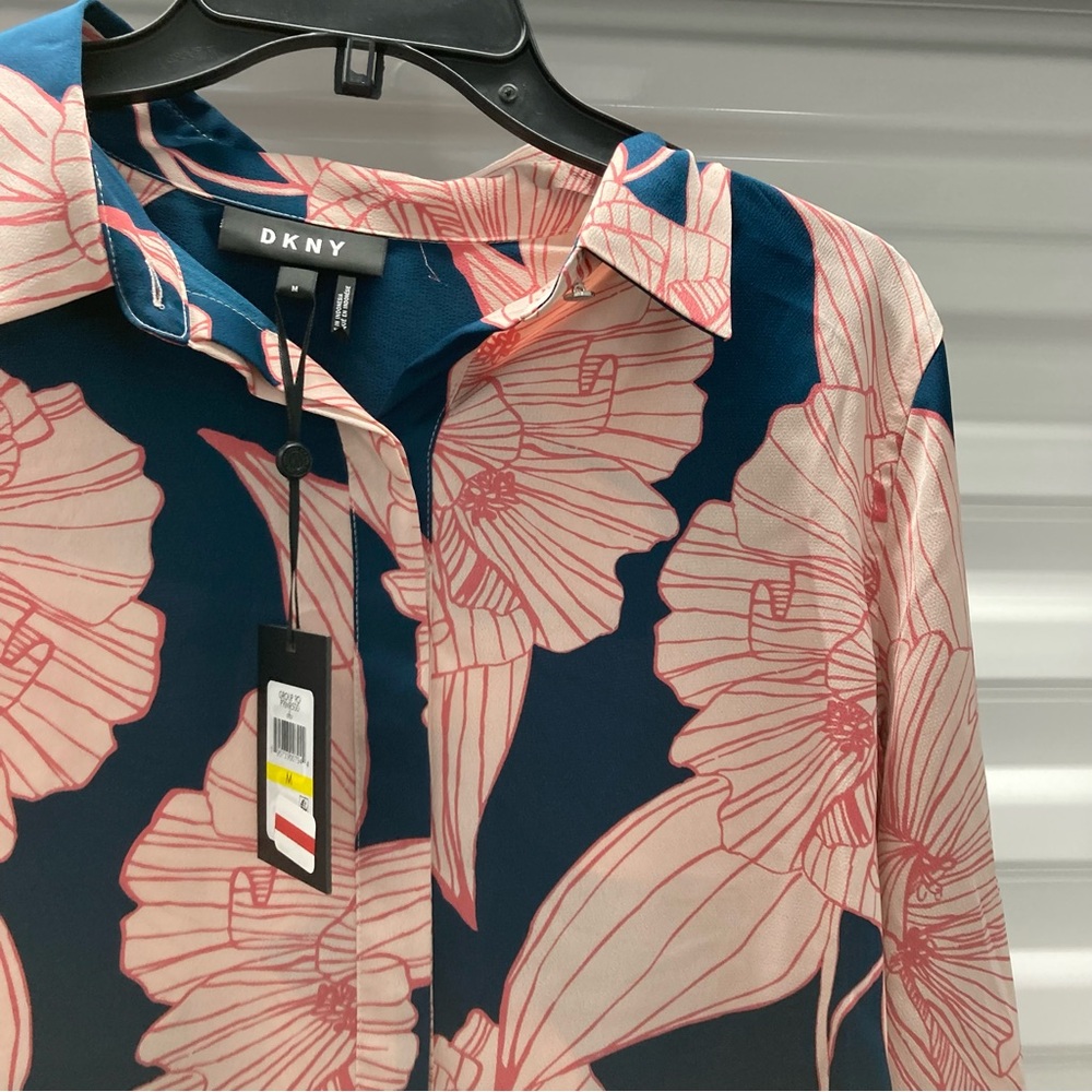 DKNY Women's Navy and Pink Floral Button Down Shirt - Picture 4 of 14
